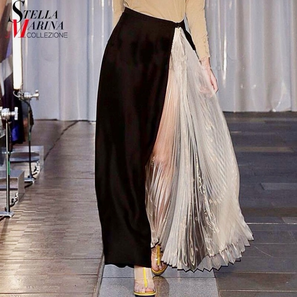 Stella Marina Collezione Italy Asymmetrical Side Pleated Skirt Black Ivory XS-S